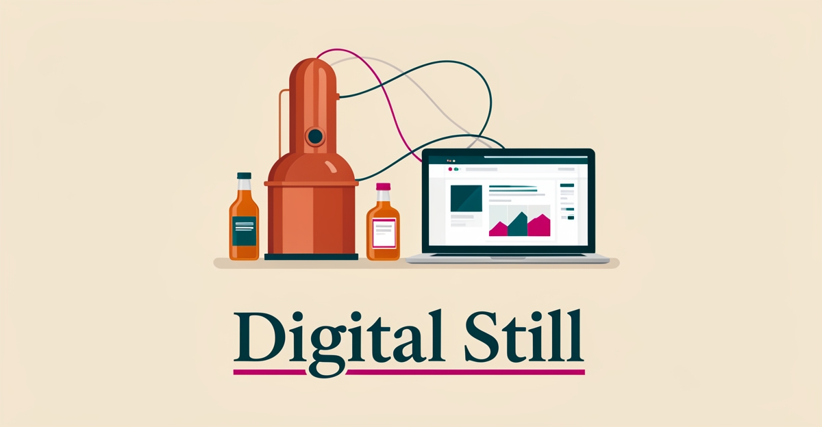 Flat illustration of a copper still and bottles beside a laptop with e-commerce interface in teal and magenta, headlined Digital Still.