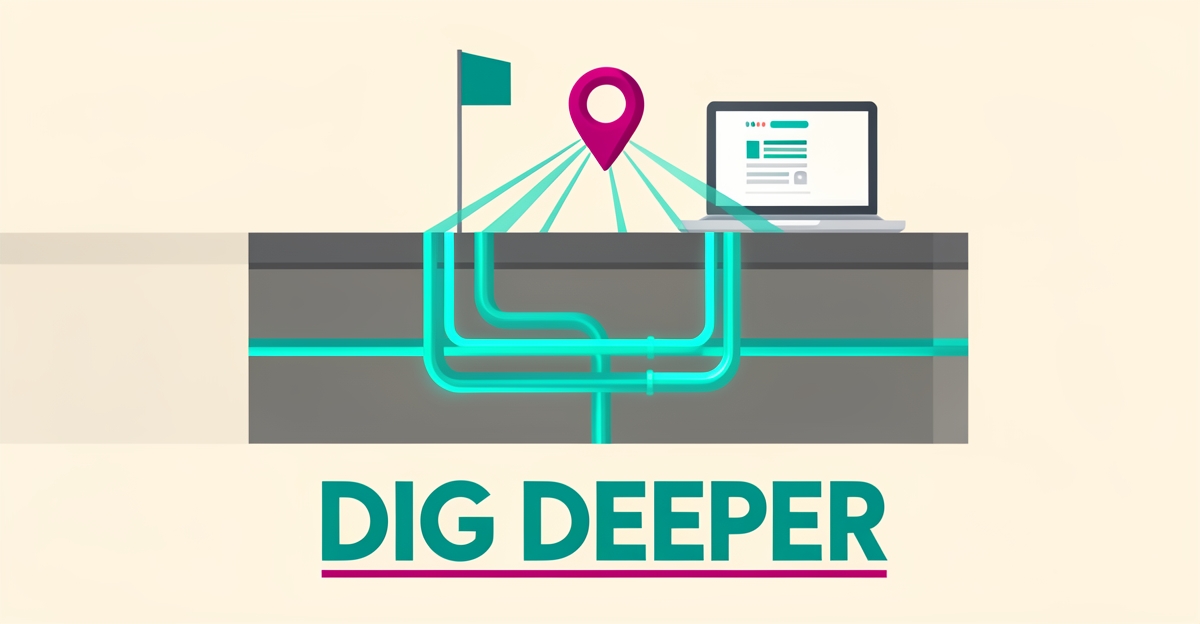 Flat illustration of underground utility lines glowing teal beneath a surface marker flag, with a laptop and location pin symbolizing local web presence.