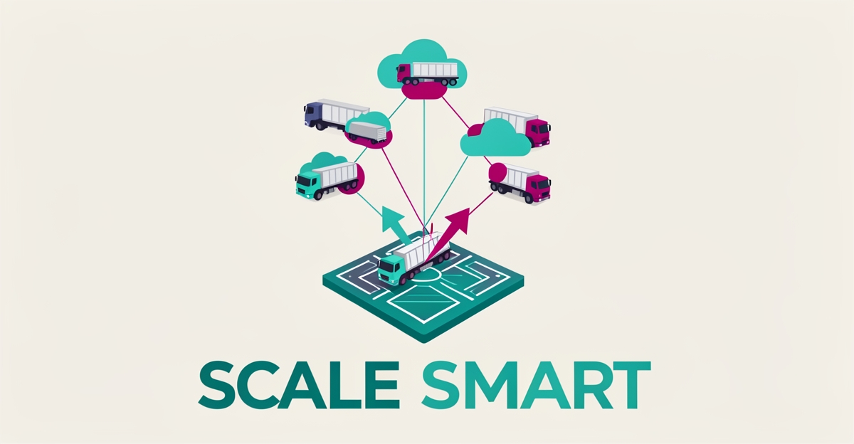 Flat illustration of tanker trucks connected to a scalable cloud platform with teal and magenta accents and the headline Scale Smart.
