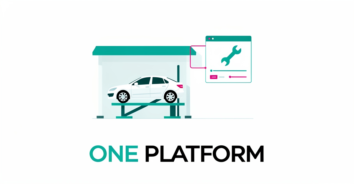 Flat illustration of an auto service shop bay linked to a digital dashboard with teal and magenta accents and headline One Platform.