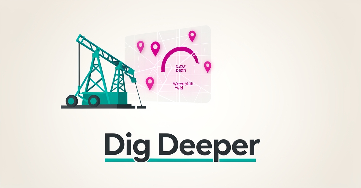 Flat illustration of a well drilling rig merging with a digital map and data visuals, symbolizing trust-building tech for drilling websites.