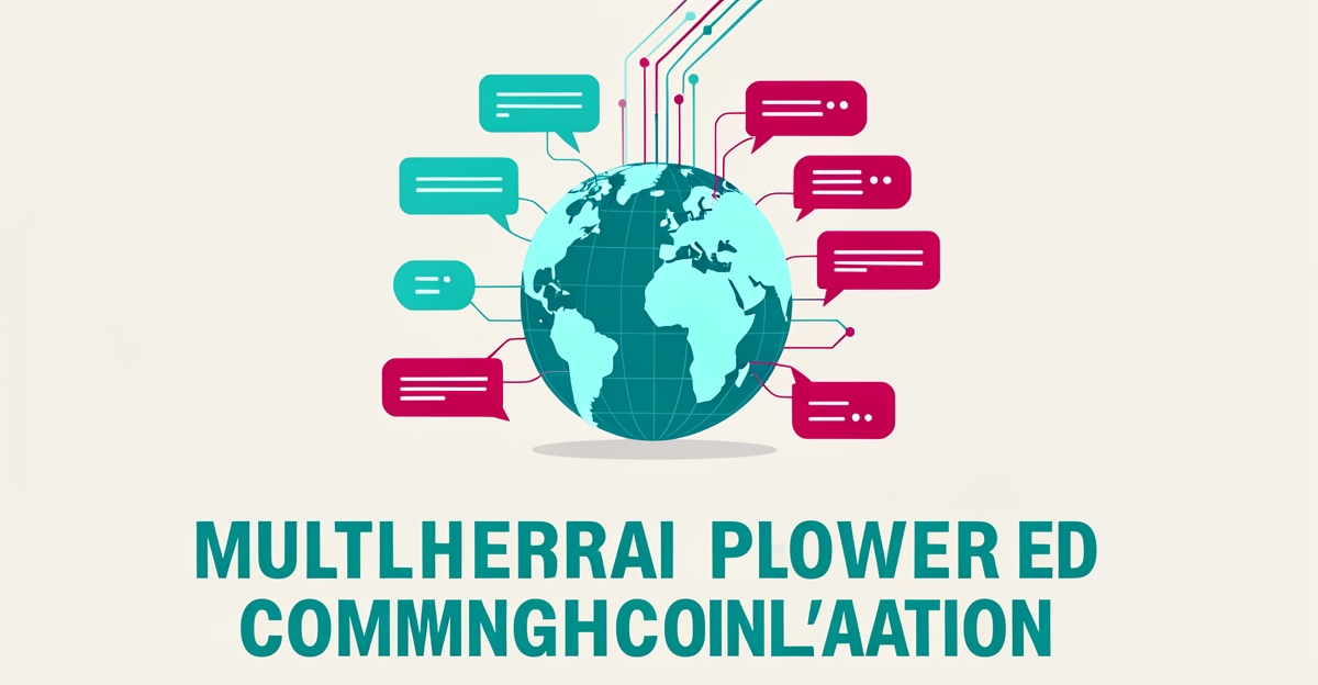 Flat illustration of a globe with multilingual chat bubbles and network lines in teal and magenta, symbolizing AI-powered ESL websites.
