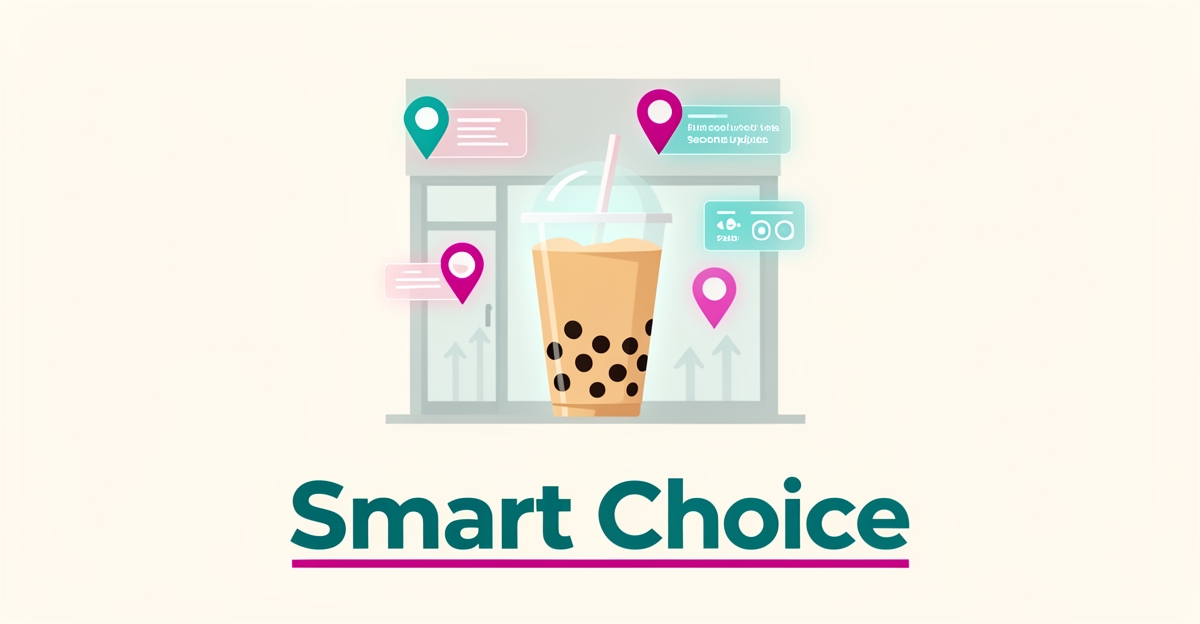 Flat illustration of a bubble tea shop with digital map pins and growth arrows in teal and magenta, headlined 'Smart Choice'.