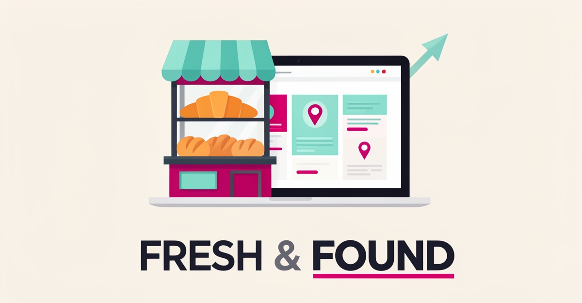 Flat illustration of a bakery storefront merging into a laptop website interface with teal and magenta accents and the headline Fresh & Found.