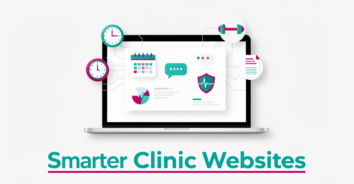Flat illustration of a laptop showing an AI website dashboard with booking, chat, and compliance icons, using teal and magenta accents.