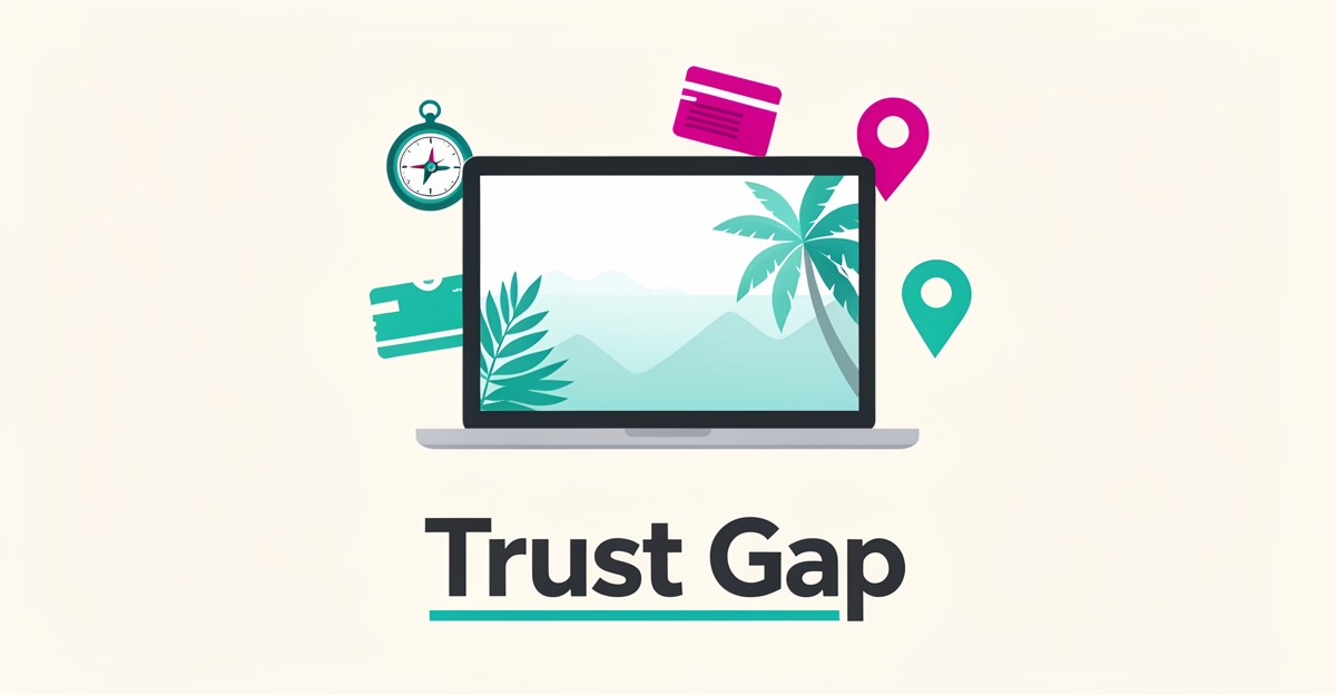 Flat illustration of a laptop showing a travel website with compass and location pin accents in teal and magenta, titled Trust Gap.