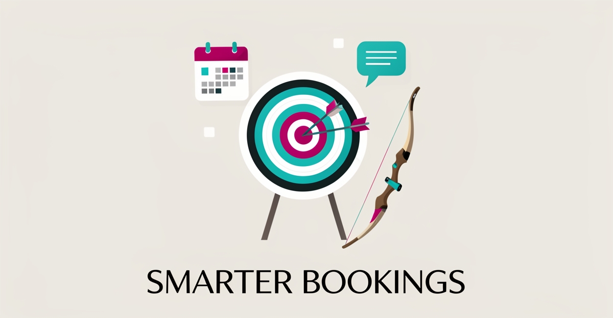 Flat illustration of an archery target with arrows and digital booking icons in teal and magenta, symbolizing AI assistants for archery ranges.