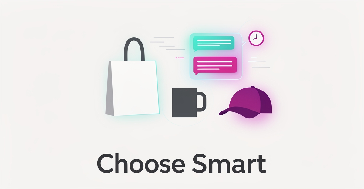 Flat illustration of an AI assistant interface beside promotional products like a tote bag and mug, with headline Choose Smart.
