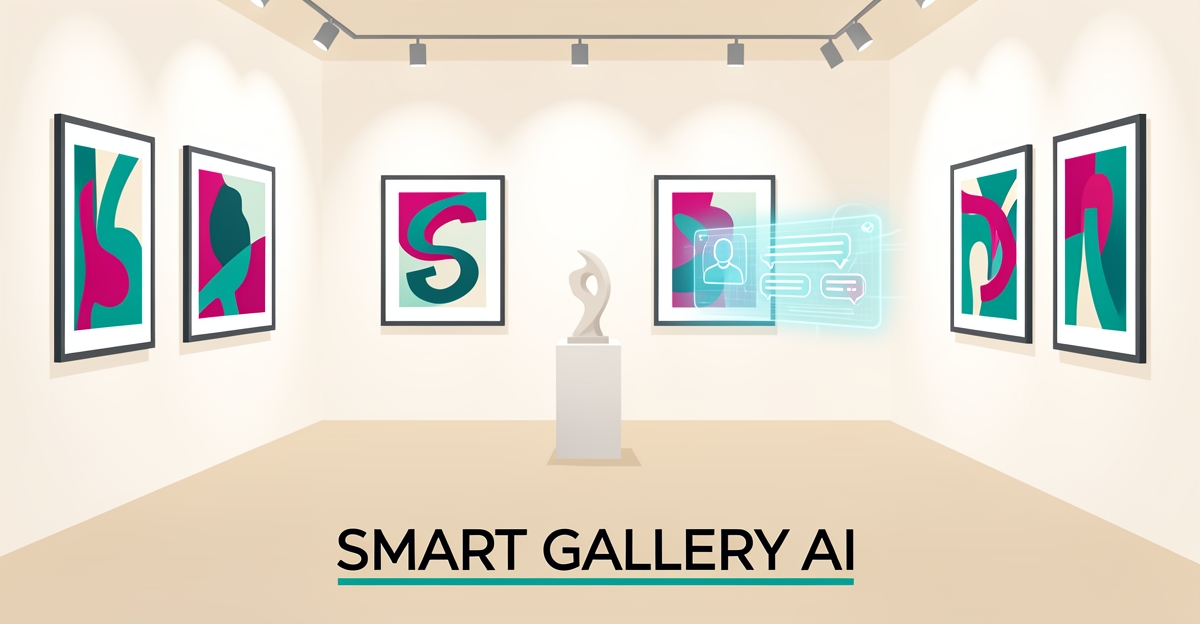 Flat illustration of a modern art gallery with framed artworks and a glowing AI chat interface in teal and magenta accents.