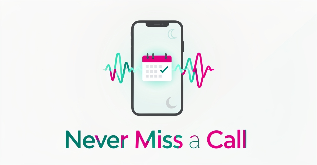 Flat illustration of a smartphone with sound waves and a booking calendar in teal and magenta, representing 24/7 AI call answering for a microneedling practice.