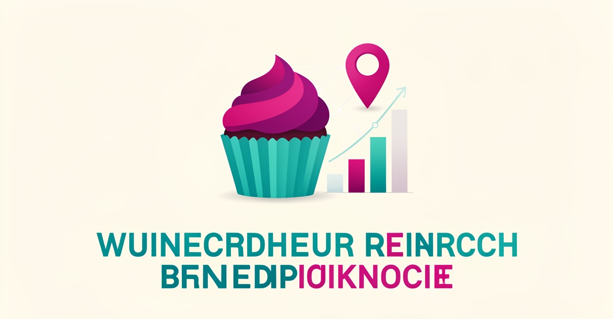 Flat illustration of a cupcake beside a map pin and ranking chart representing AI content generation for cupcake shop local SEO.