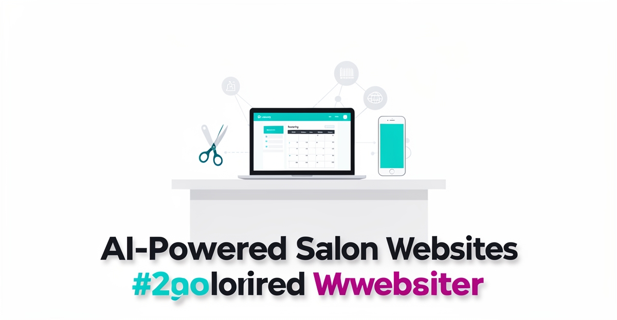 Flat illustration of an AI-powered salon website with booking calendar, scissors icon, and mobile device accented in teal and magenta.