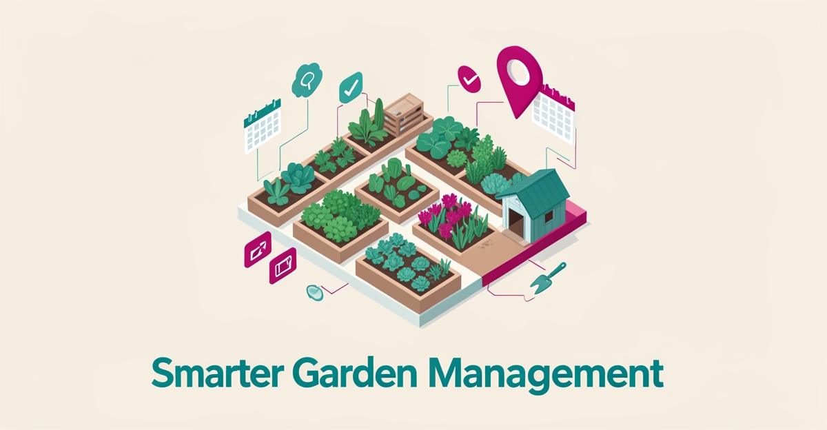 Flat illustration of a community garden with digital management icons, accented in teal and magenta, headline reading Smarter Garden Management.