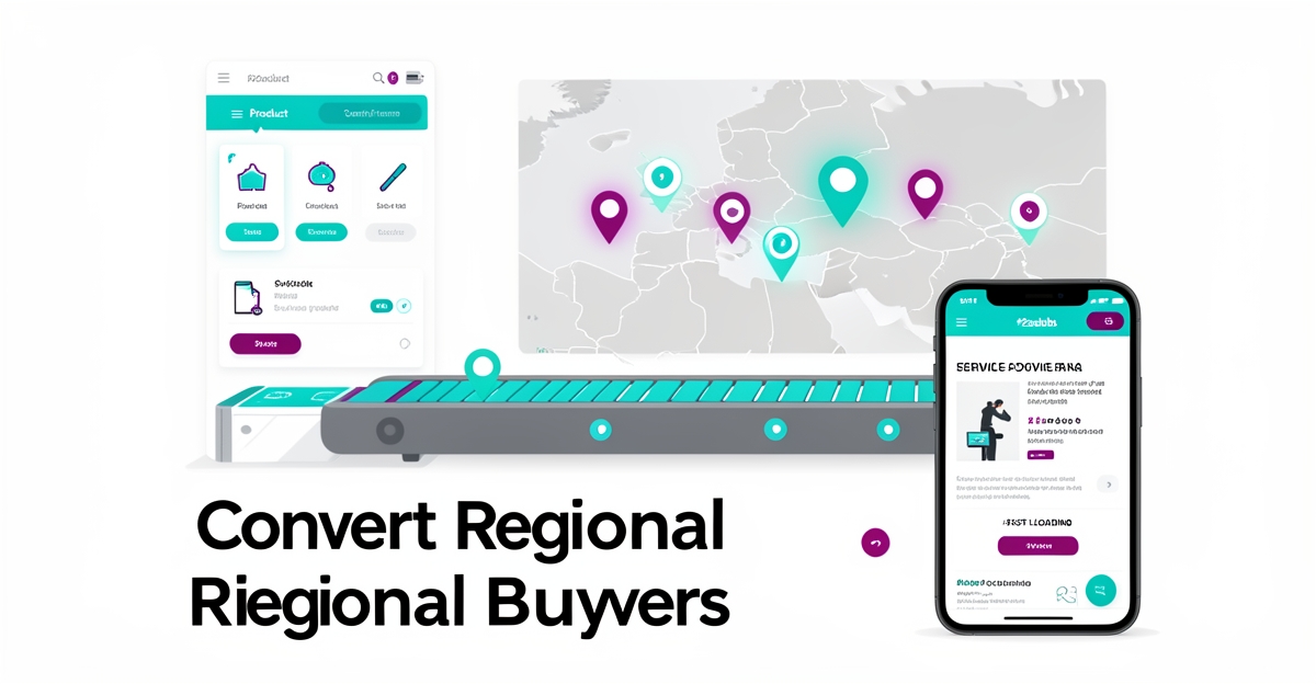 Flat illustration of a conveyor system with digital configurator, service map, and mobile website, highlighting regional buyer conversion for industrial manufacturers.