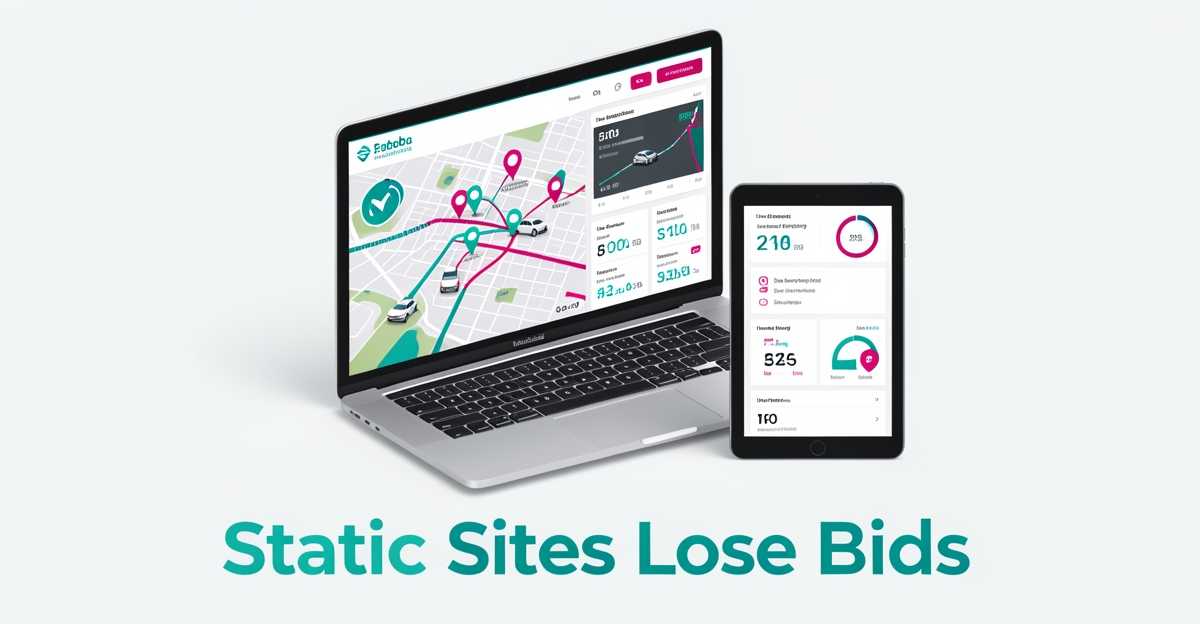 Flat illustration of fleet management dashboard with real-time map data and magazine headline Static Sites Lose Bids.