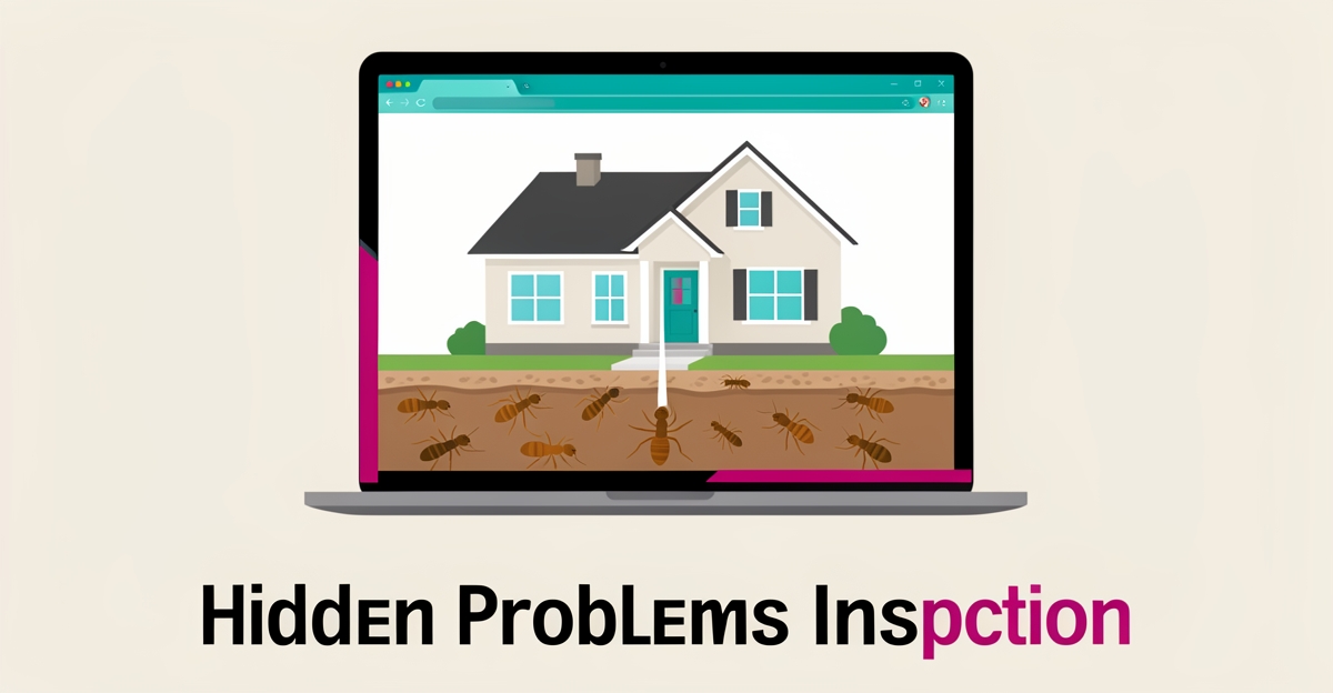 Flat illustration of a house under inspection for termites inside a website browser frame, with teal and magenta accents symbolizing trusted pest control websites.
