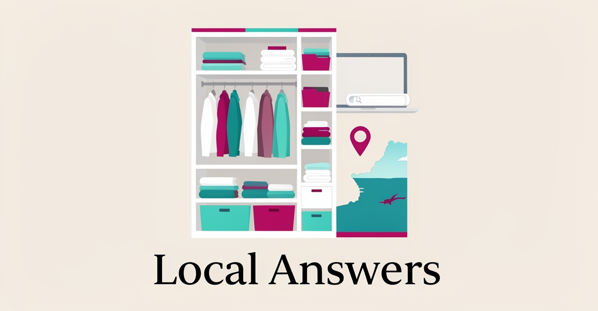 Flat illustration of an organized closet with search elements and Nova Scotia accents, headline reading Local Answers.