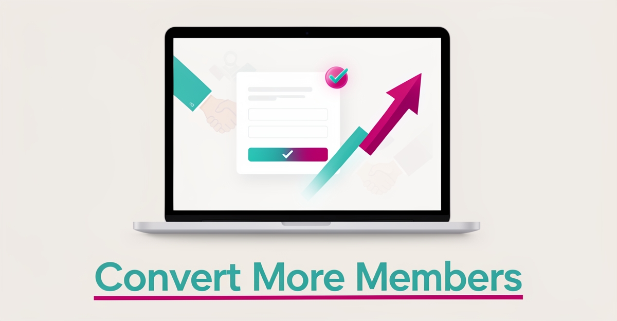 Flat illustration of a simplified membership signup form on a laptop with a rising sign-up arrow, accented in teal and magenta, headlined Convert More Members.