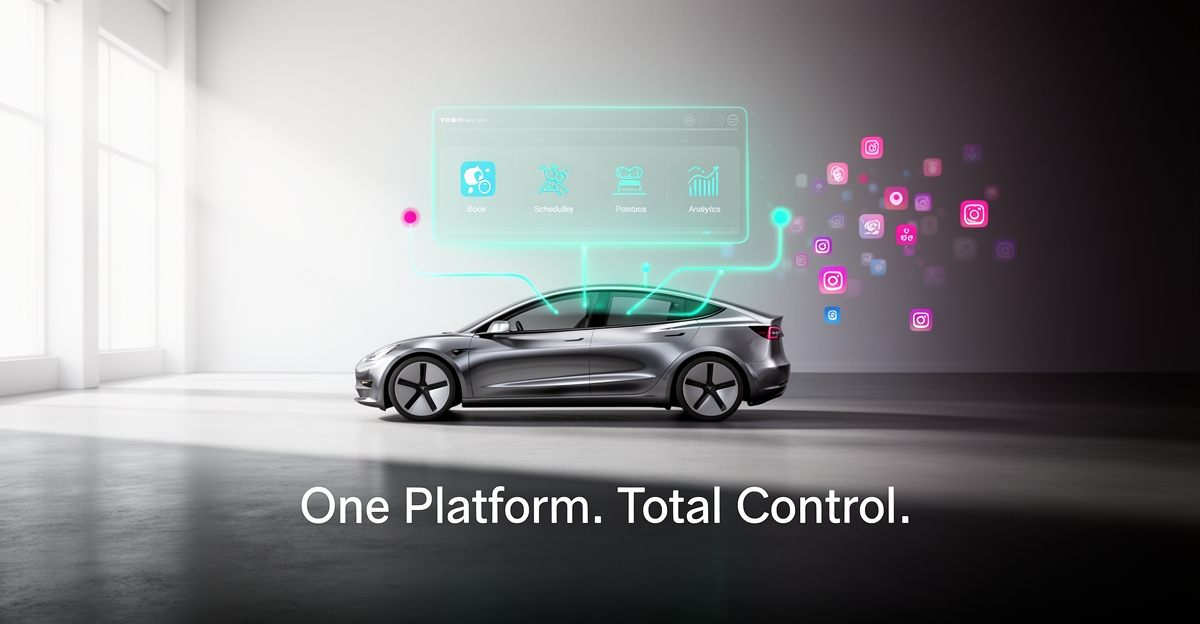 Flat illustration of an EV in a modern workshop linked to one unified digital dashboard, symbolizing all-in-one website platforms for EV repair shops.