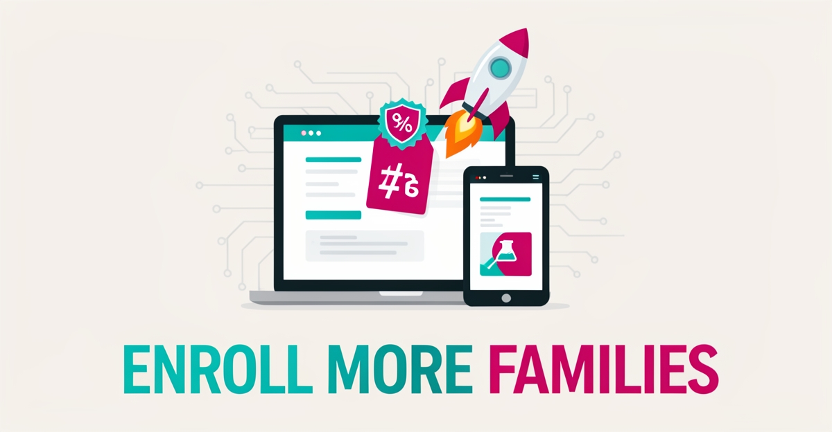 Flat illustration of devices showing a STEM camp enrollment page with pricing, trust badge, and rocket motif, accented in teal and magenta.