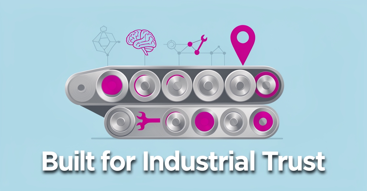 A minimalist flat illustration of a conveyor belt with data and repair symbols, using brand colors blue and magenta, conveying technical trust and local SEO for industrial clients.