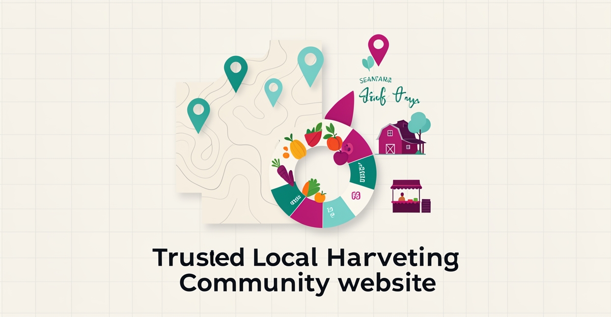 Flat illustration of farm map, seasonal calendar and community icons representing a trusted local harvesting website.