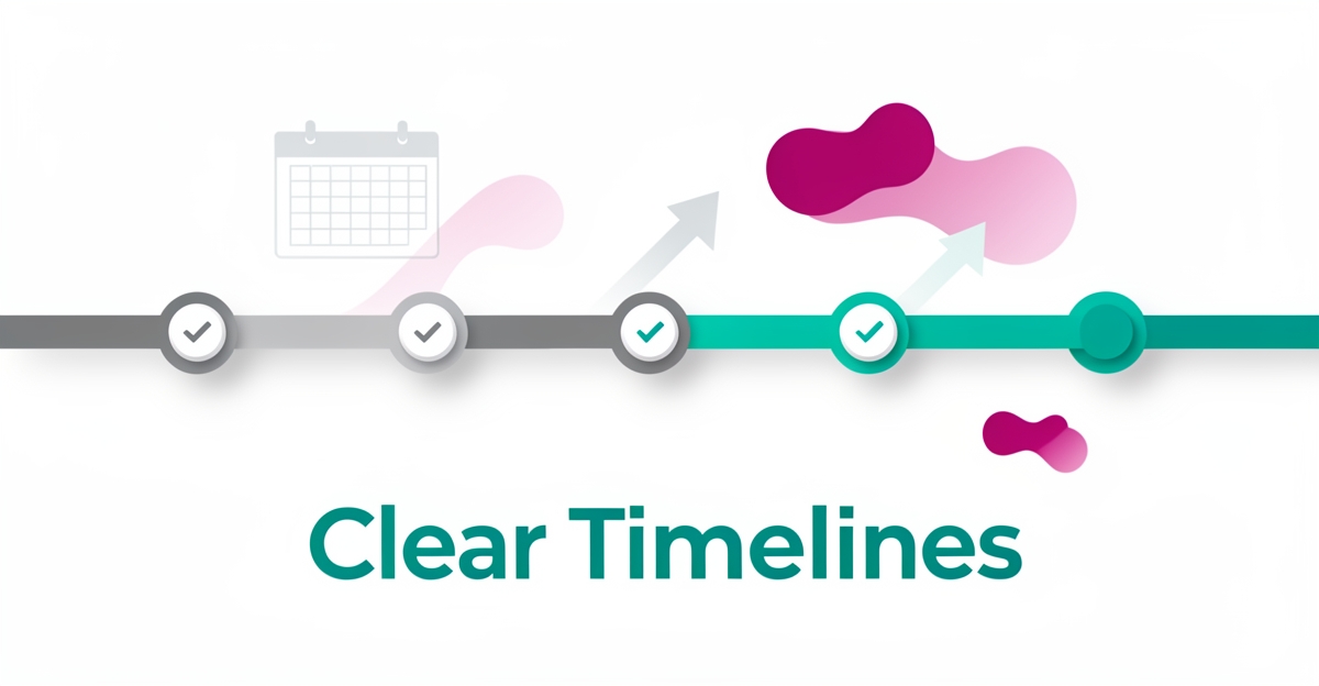 Flat illustration of a project timeline with milestone markers in teal and magenta, headline reading Clear Timelines.
