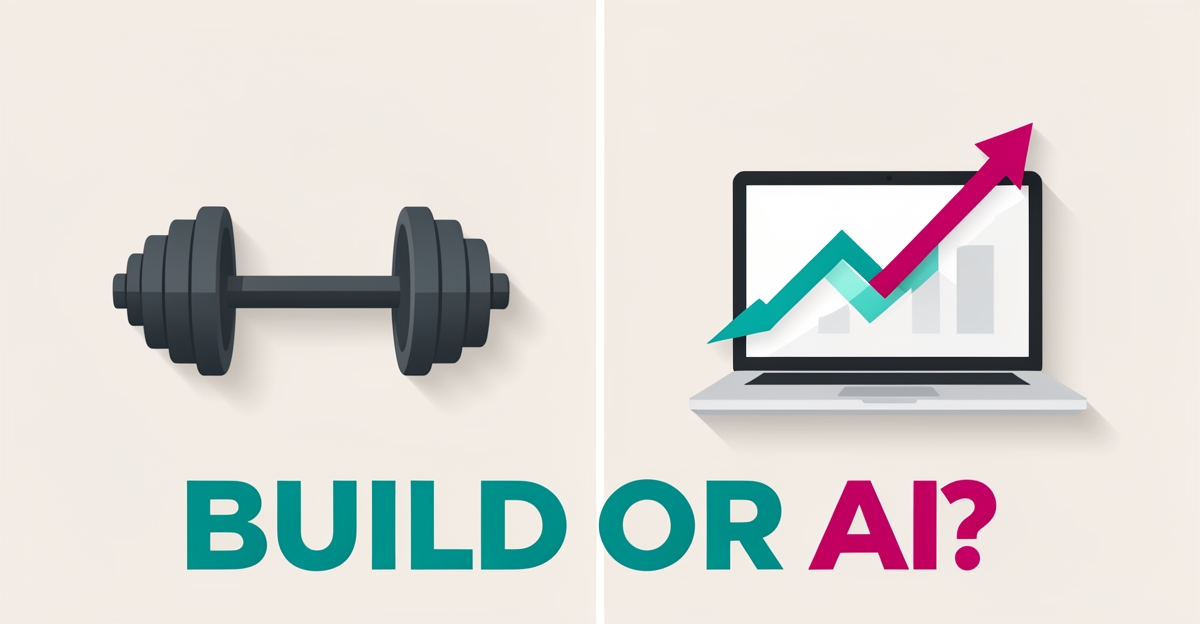 Flat illustration of a dumbbell beside a laptop with a rising growth curve, asking whether to build a CrossFit studio website or use AI.