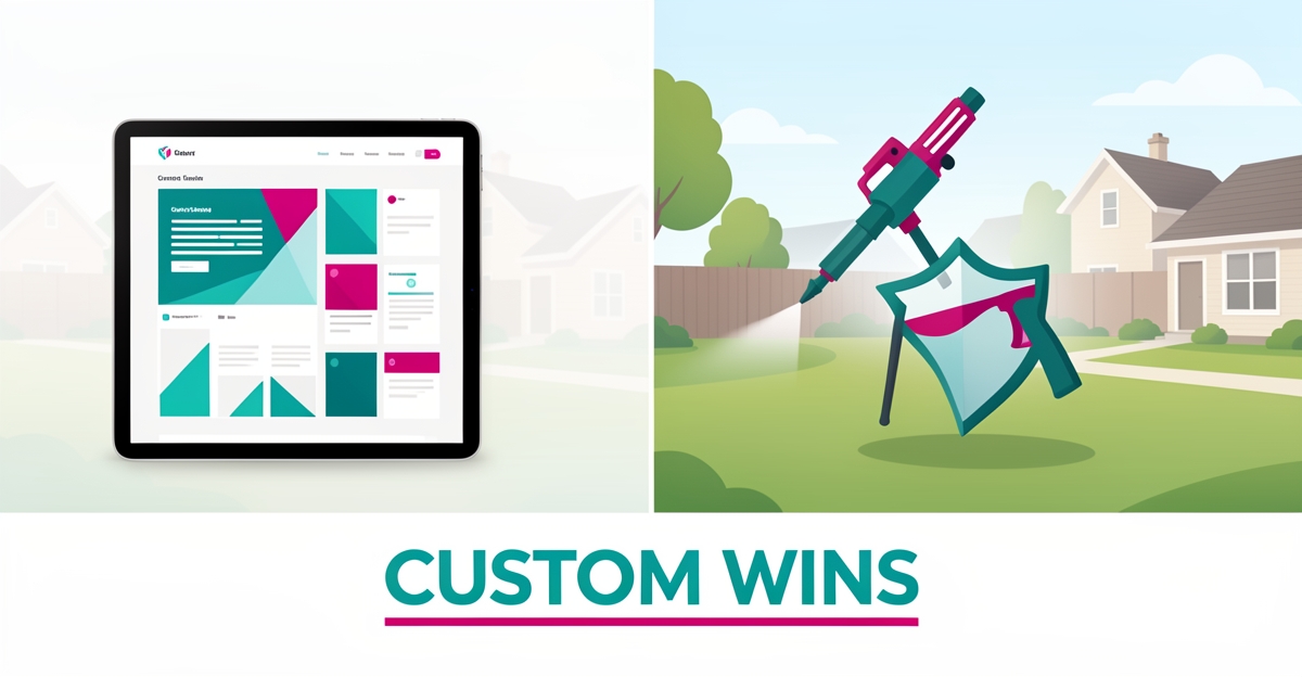 Flat illustration comparing a custom mosquito control website design against a generic template, with 'CUSTOM WINS' headline in teal and magenta accents.