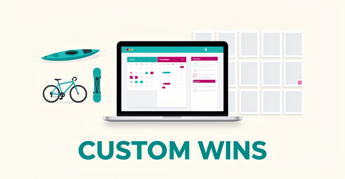 Flat illustration contrasting sports equipment icons with a template grid, showing a laptop with booking interface and the headline Custom Wins.