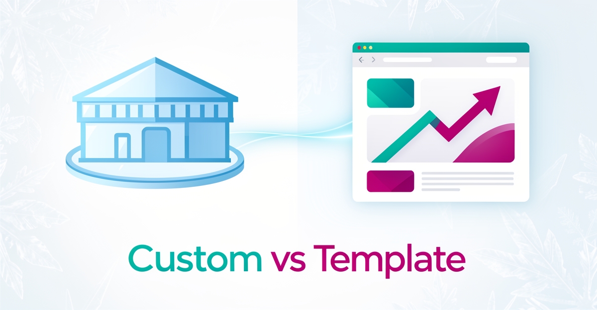 Flat illustration comparing a custom website design with a template for an ice skating rink business, accented in teal and magenta.