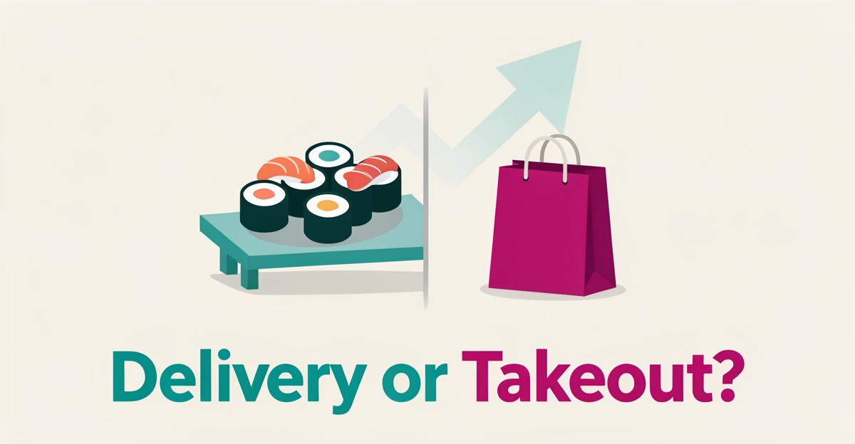 Flat illustration of a sushi platter split between delivery scooter and takeout bag icons with a rising search ranking arrow, accented in teal and magenta.