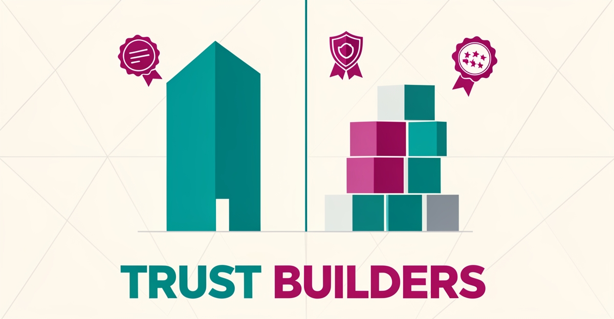 Flat illustration of a building split into before and after demolition stages with teal and magenta trust badge icons and a Trust Builders headline.