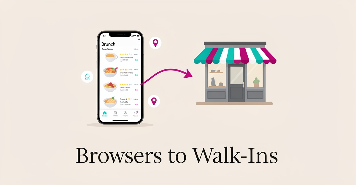 Flat illustration of a smartphone showing a brunch menu with a path leading to a café storefront, symbolizing converting online browsers into walk-in diners.