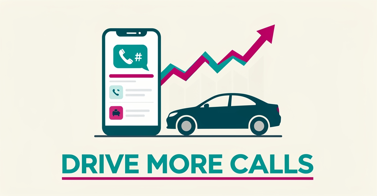 Flat illustration of a smartphone with chat and phone icons beside car silhouettes and a rising call graph, headlined Drive More Calls.