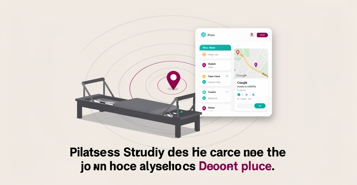 Flat illustration of Pilates reformer, service area map rings and class availability dashboard with brand accent colors.