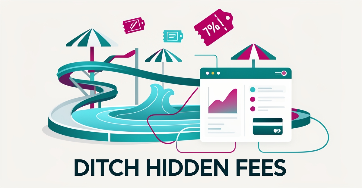 Flat illustration of a water park with ticket and dashboard icons, highlighting savings from switching to custom booking solutions.