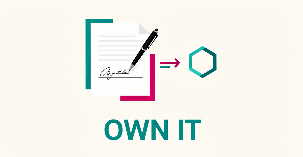 Flat illustration of a contract with a pen and a geometric logo mark, symbolizing written copyright transfer of a logo design.