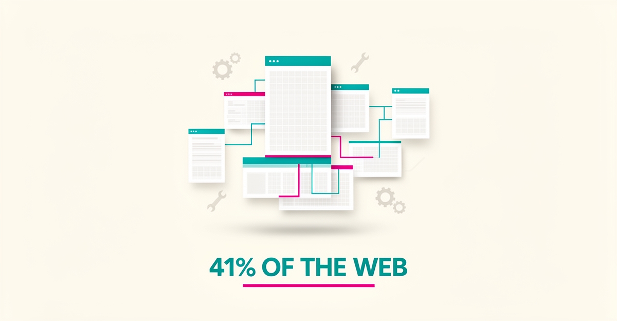 Flat illustration of modular website blocks with teal and magenta accents, headline reading 41% of the web about WordPress dominance.
