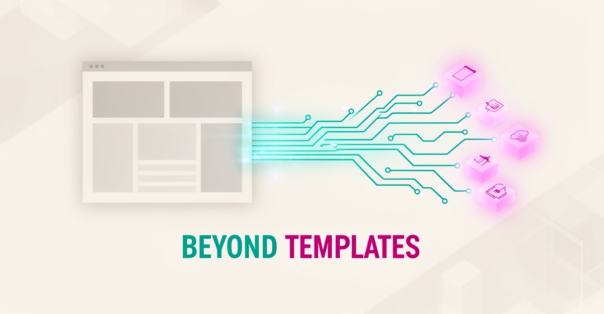 Flat illustration of website templates transforming into glowing AI automation pathways, with the headline Beyond Templates.
