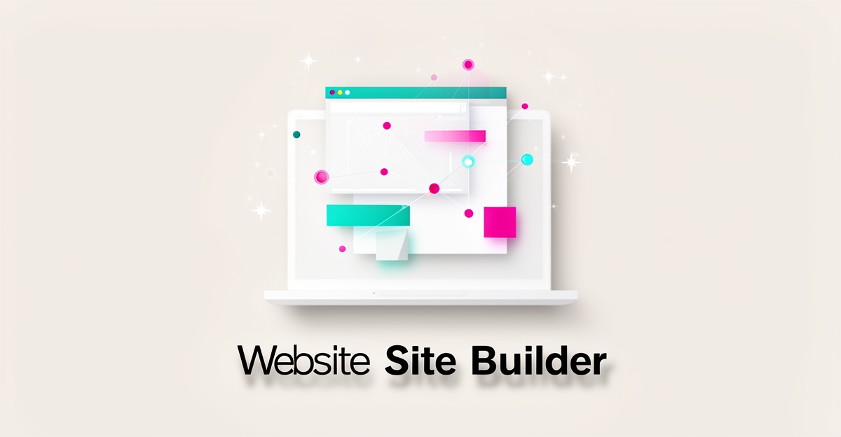Flat illustration of a laptop with wireframe website and AI nodes in teal and magenta accents.