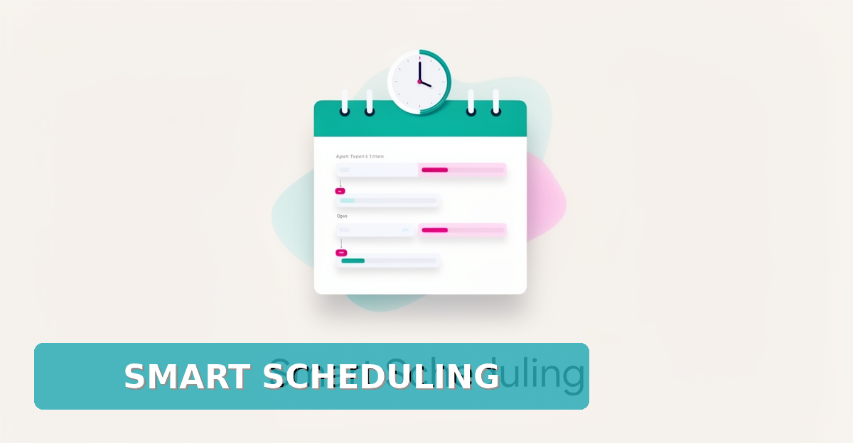 Minimalist flat illustration of a digital calendar with appointment slots and clock, accented in teal and magenta, with a Smart Scheduling headline.