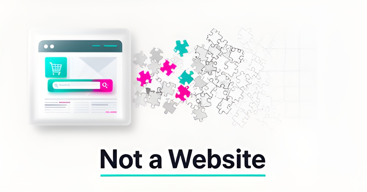 Flat illustration of a webpage dissolving into puzzle pieces beside a polished website, symbolizing why Google Sites falls short as a business website.