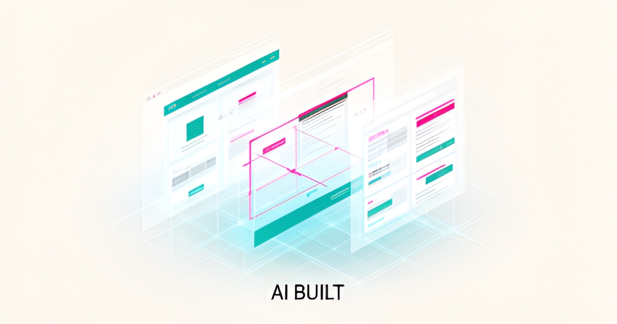 Flat illustration of automated website design blocks assembling along a glowing blueprint grid in teal and magenta accents.