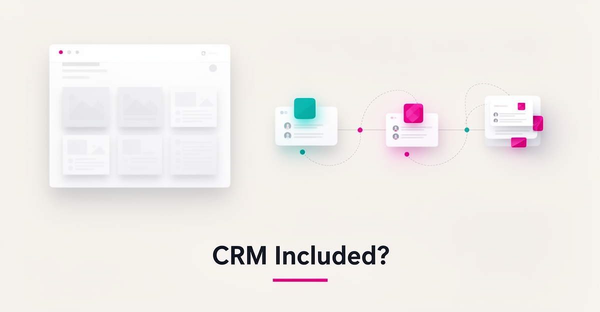 Flat illustration of a website builder dashboard connected to a lead pipeline, asking whether Wix includes CRM features.