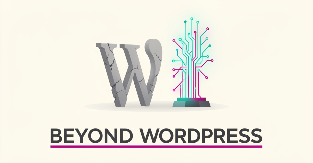 Flat illustration of a crumbling grey monolith beside a glowing AI structure in teal and magenta, symbolizing WordPress's uncertain future.