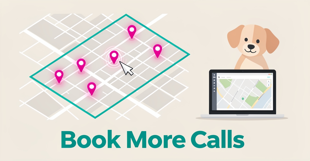 Flat illustration of a city service map with teal and magenta location pins beside a laptop and dog silhouette, headline reading Book More Calls.