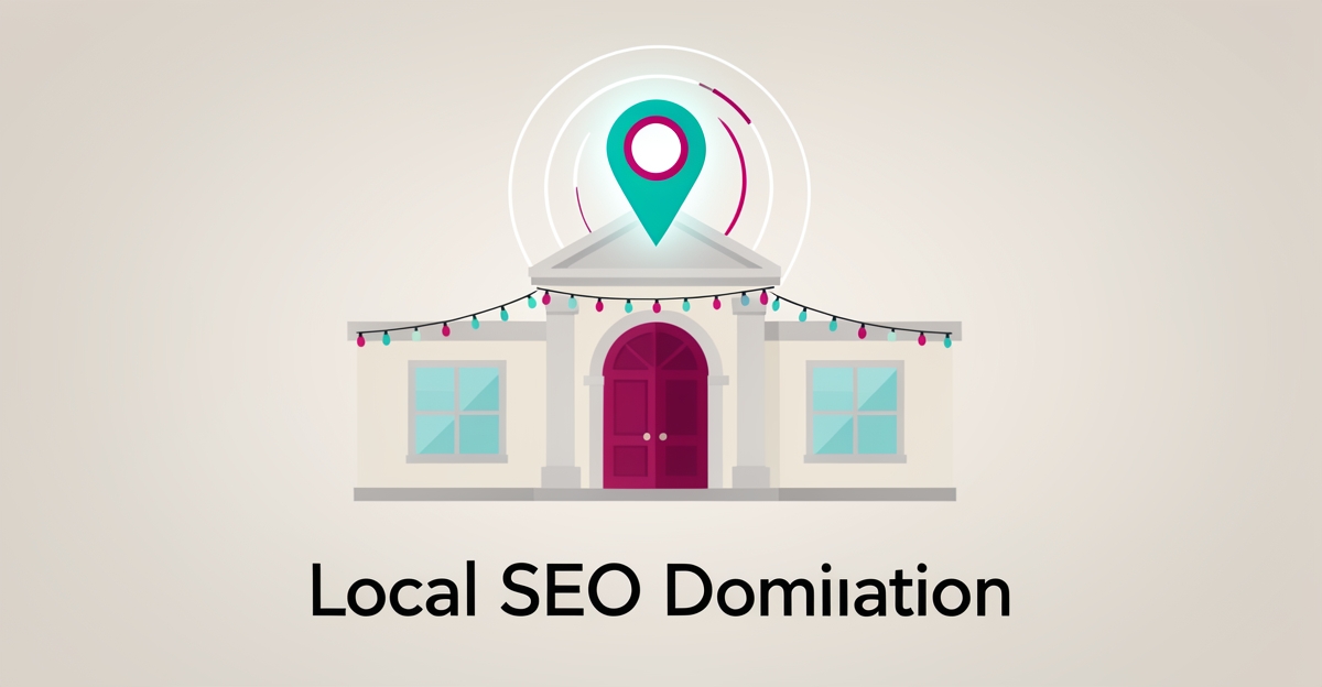 Flat illustration of an event venue with a glowing map pin and search rings representing local SEO for venue partnerships.