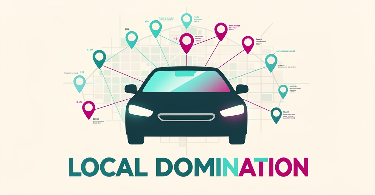 Flat illustration of a car windshield with glowing map pins radiating across a city grid, symbolizing AI-driven local SEO coverage for windshield replacement services.