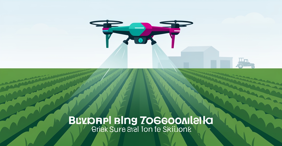 Flat illustration of an agricultural drone precision spraying crops over a green field with teal and magenta accents.
